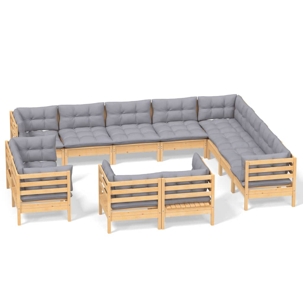 vidaXL Salon de jardin 12 pcs avec coussins gris Bois de pin massif