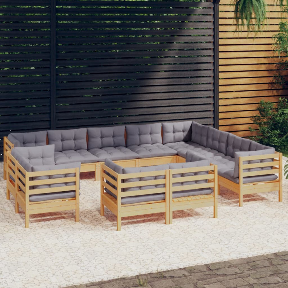 vidaXL Salon de jardin 12 pcs avec coussins gris Bois de pin massif