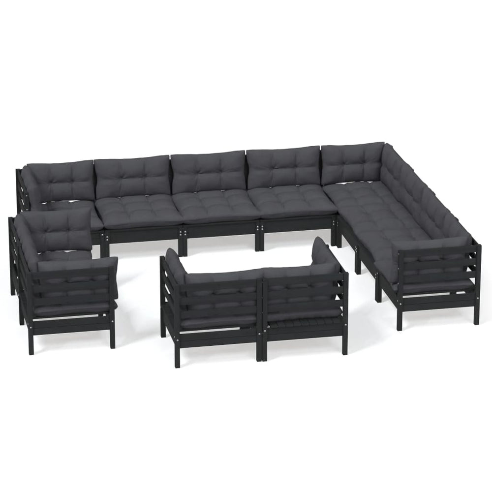 vidaXL Salon de jardin 12 pcs avec coussins Noir Bois de pin massif
