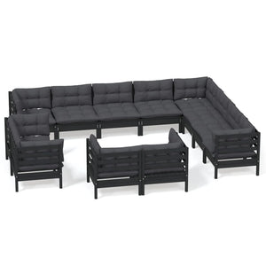 vidaXL Salon de jardin 12 pcs avec coussins Noir Bois de pin massif