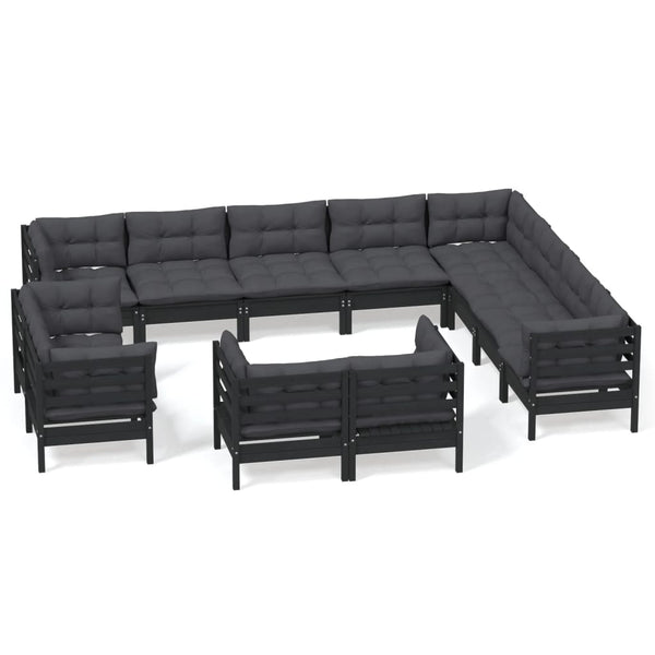vidaXL Salon de jardin 12 pcs avec coussins Noir Bois de pin massif