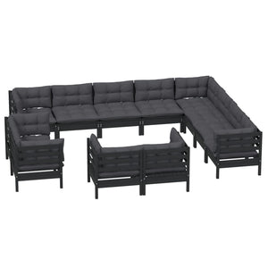 vidaXL Salon de jardin 12 pcs avec coussins Noir Bois de pin massif