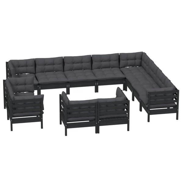 vidaXL Salon de jardin 12 pcs avec coussins Noir Bois de pin massif