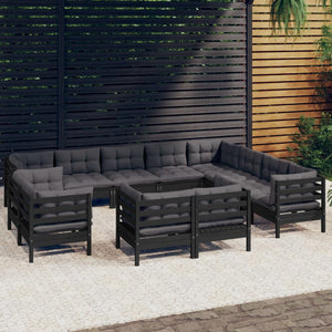 vidaXL Salon de jardin 12 pcs avec coussins Noir Bois de pin massif