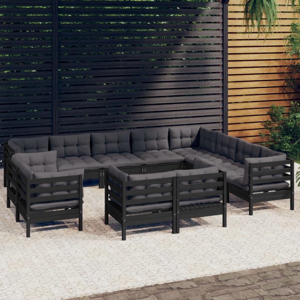 vidaXL Salon de jardin 12 pcs avec coussins Noir Bois de pin massif