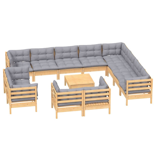 13-tlg. Garten-Lounge-Set mit Grauen Kissen Massivholz Kiefer