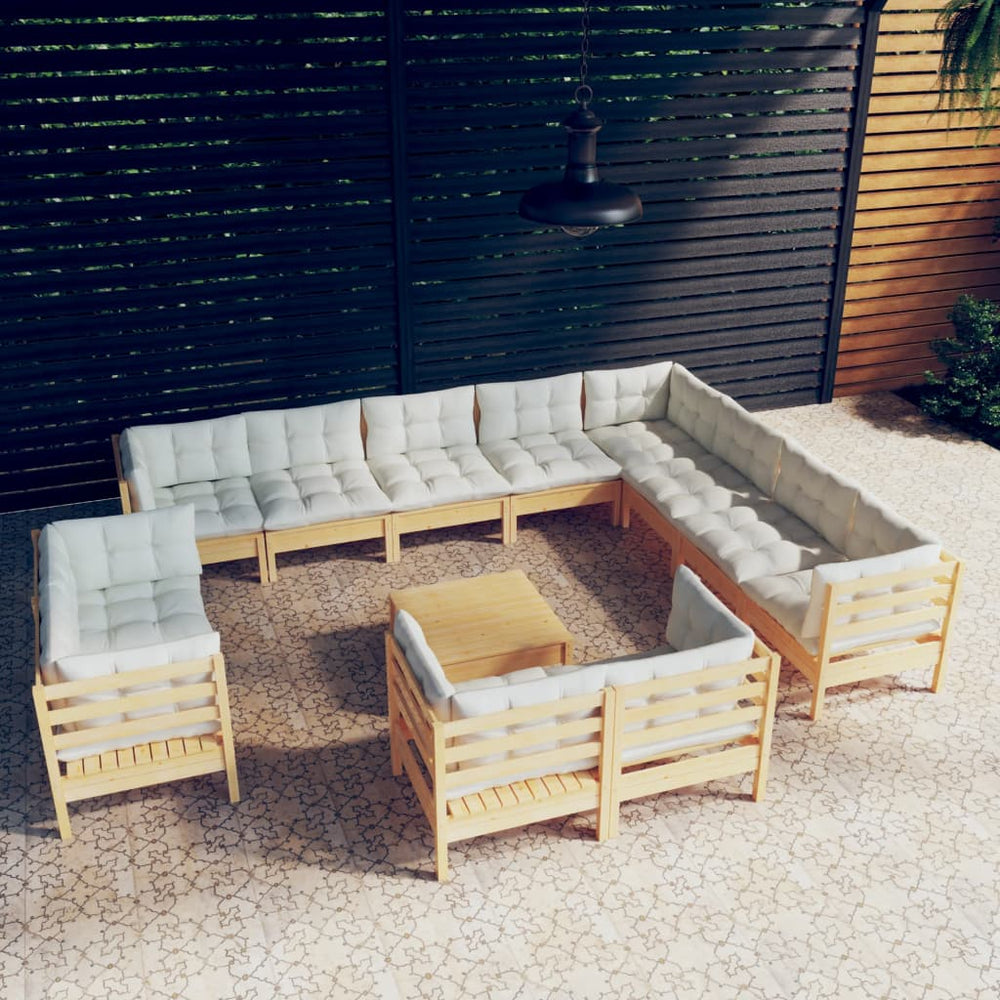 vidaXL Salon de jardin 13 pièces avec coussins crème Bois de pin massif