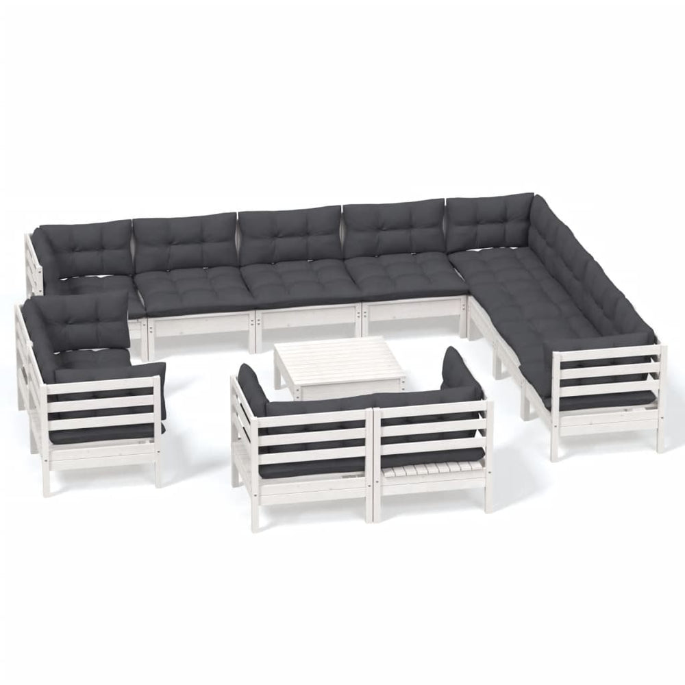 vidaXL Salon de jardin 13 pcs avec coussins Blanc Bois de pin massif