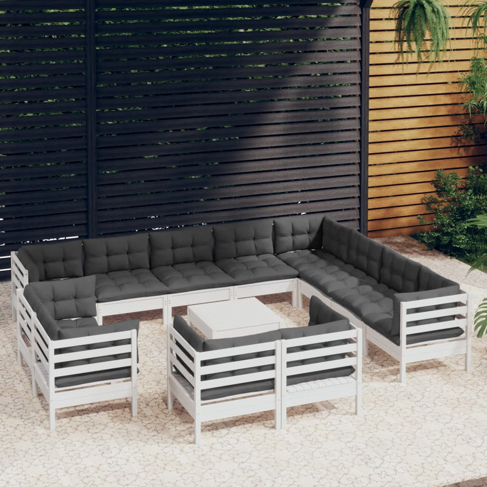 vidaXL Salon de jardin 13 pcs avec coussins Blanc Bois de pin massif