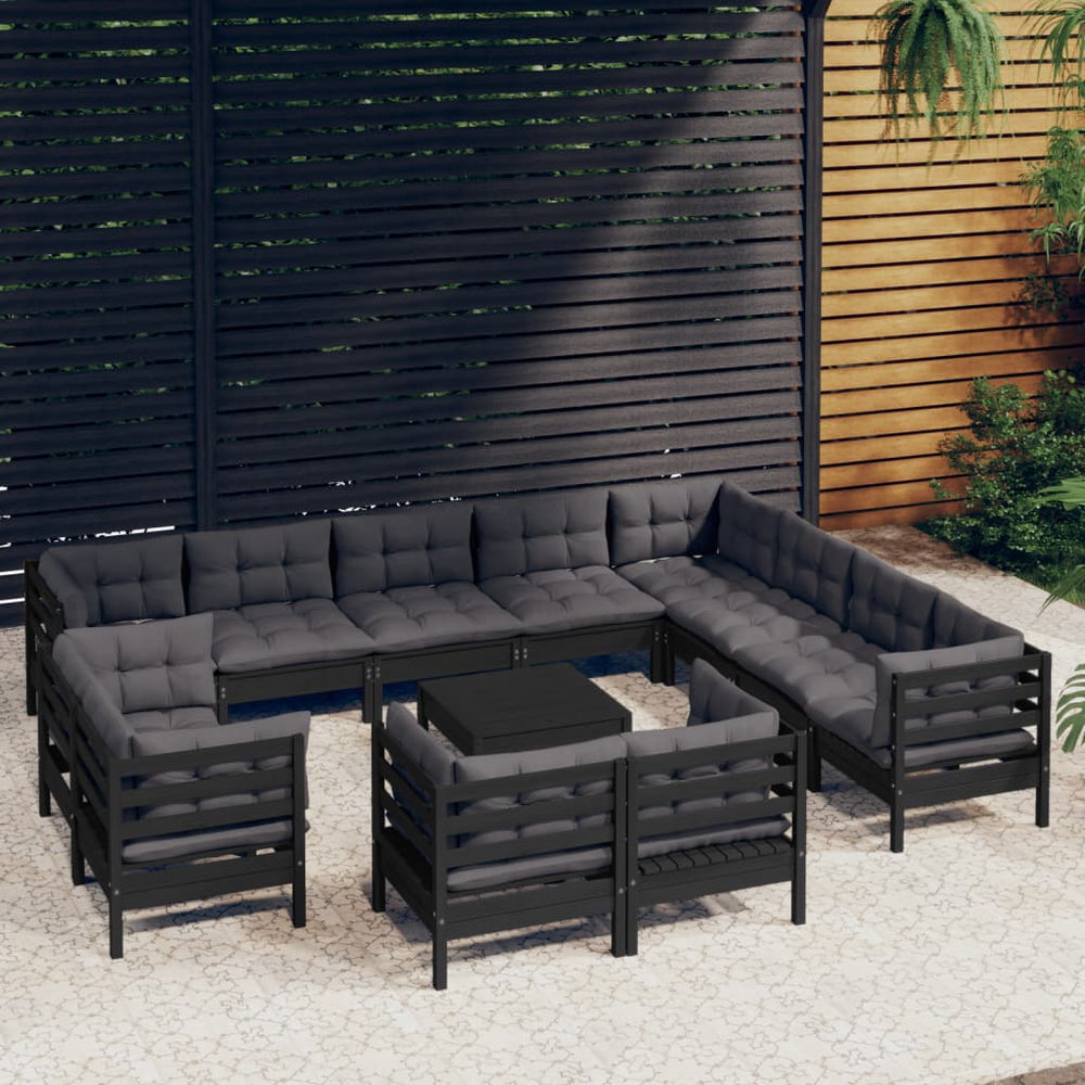 vidaXL Ensemble de jardin 13 pièces avec coussins Noir Bois de pin massif