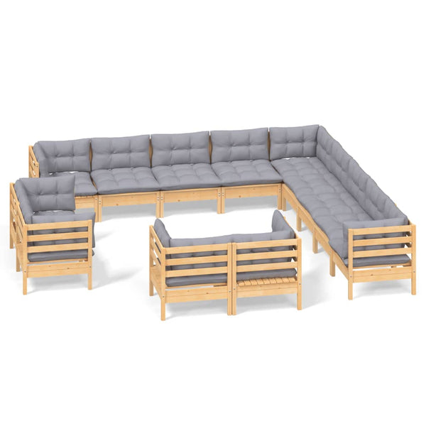 13-tlg. Garten-Lounge-Set mit Grauen Kissen Massivholz Kiefer