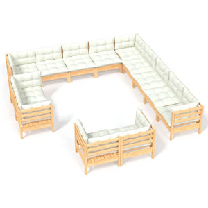 vidaXL Salon de jardin 13 pièces avec coussins crème Bois de pin massif