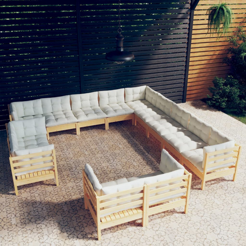 vidaXL Salon de jardin 13 pièces avec coussins crème Bois de pin massif