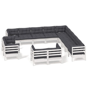 13-tlg. Garten-Lounge-Set mit Kissen Weiß Massivholz Kiefer