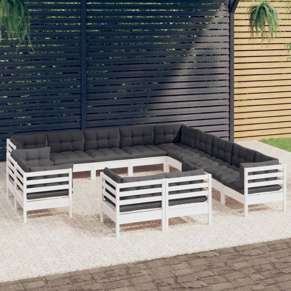 vidaXL Salon de jardin 13 pcs avec coussins Blanc Bois de pin massif