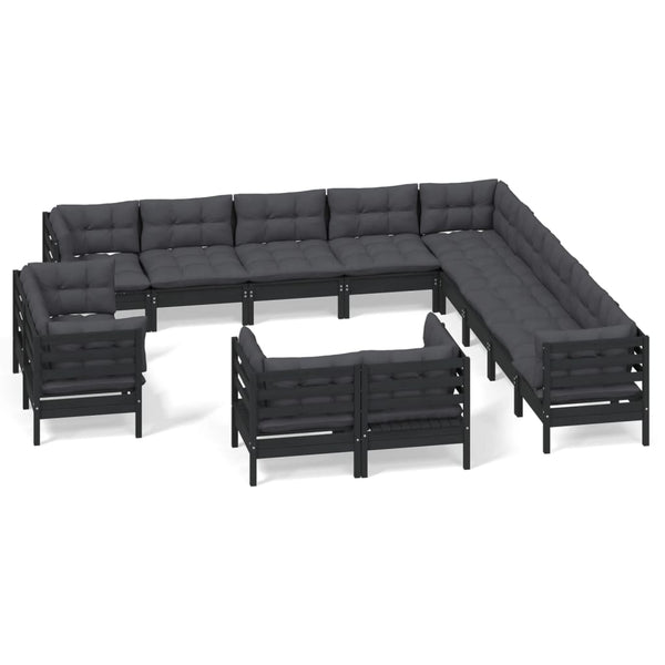 13-tlg. Garten-Lounge-Set mit Kissen Schwarz Massivholz Kiefer