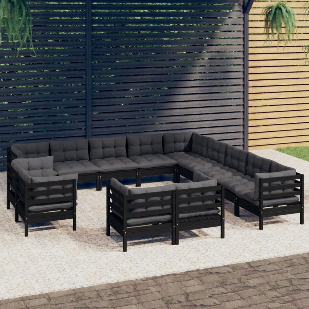 vidaXL Ensemble de jardin 13 pièces avec coussins Noir Bois de pin massif