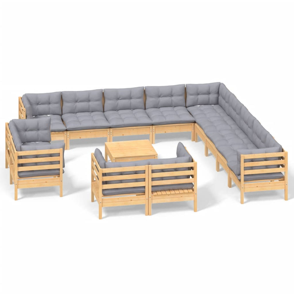 vidaXL Salon de jardin 14 pcs avec coussins gris Bois de pin massif