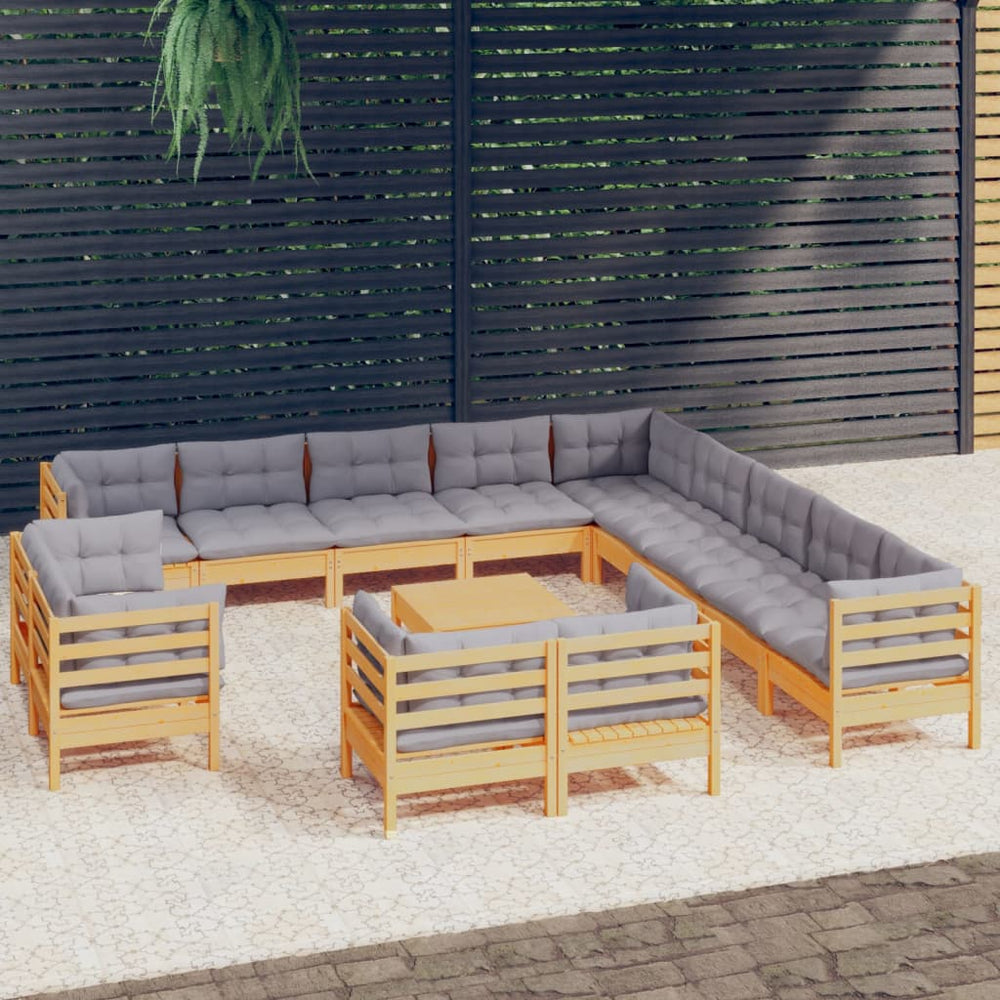 vidaXL Salon de jardin 14 pcs avec coussins gris Bois de pin massif