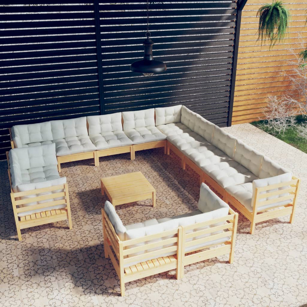 vidaXL Salon de jardin 14 pièces avec coussins crème Bois de pin massif