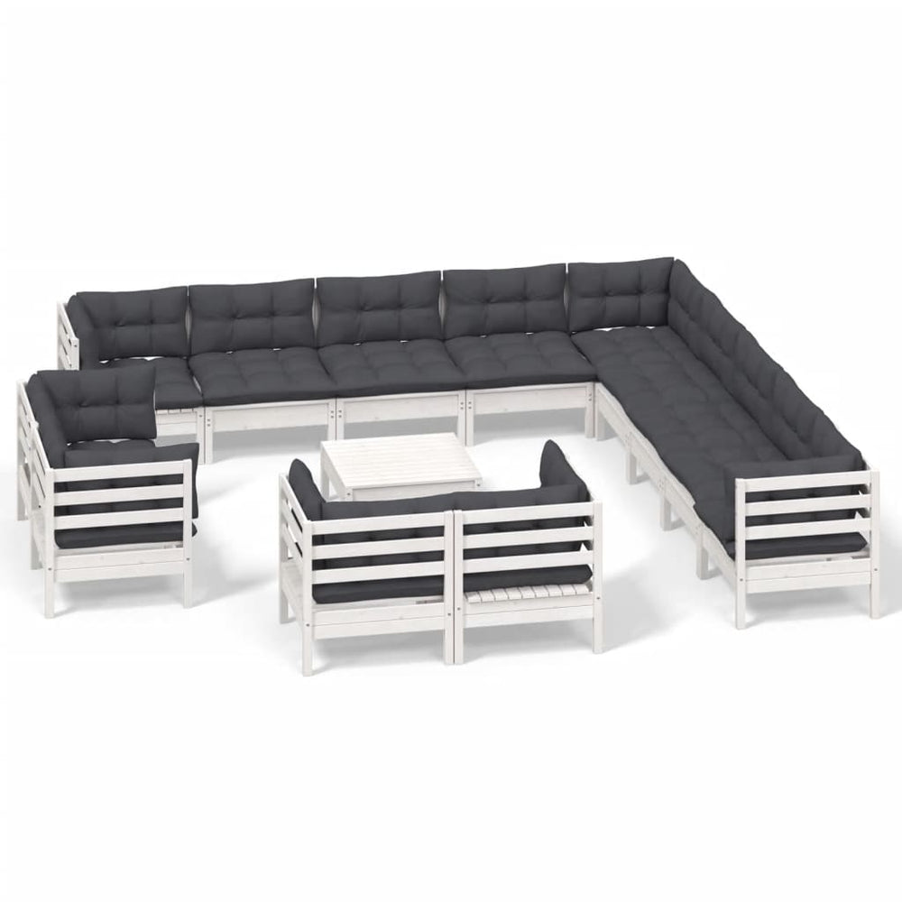 vidaXL Salon de jardin 14 pcs avec coussins Blanc Bois de pin massif