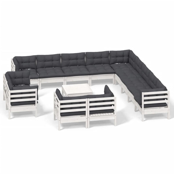 vidaXL Salon de jardin 14 pcs avec coussins Blanc Bois de pin massif