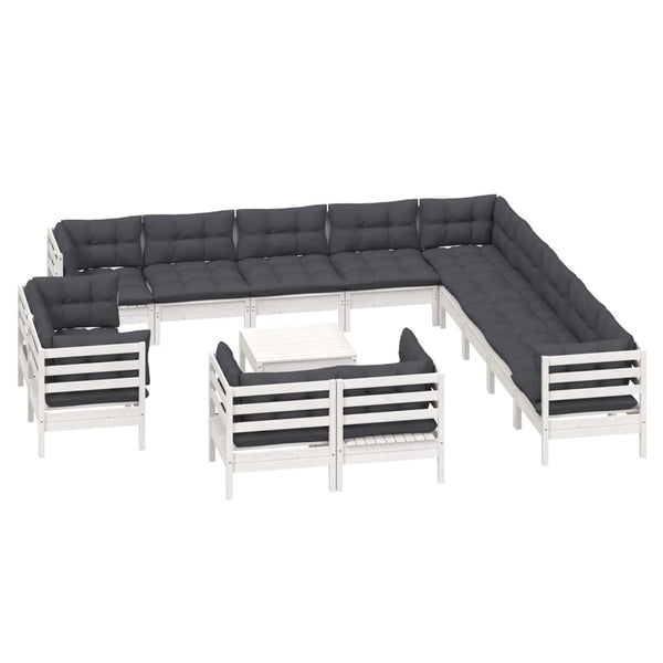 vidaXL Salon de jardin 14 pcs avec coussins Blanc Bois de pin massif
