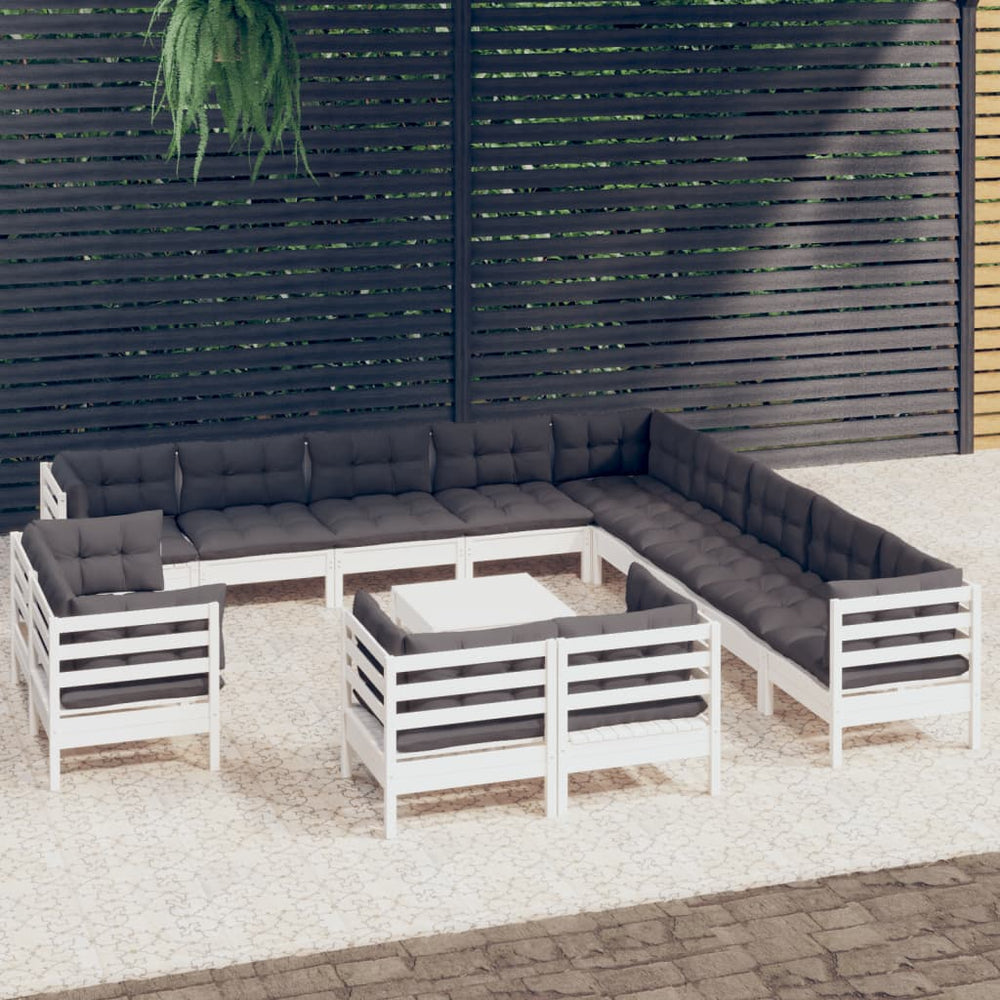 vidaXL Salon de jardin 14 pcs avec coussins Blanc Bois de pin massif