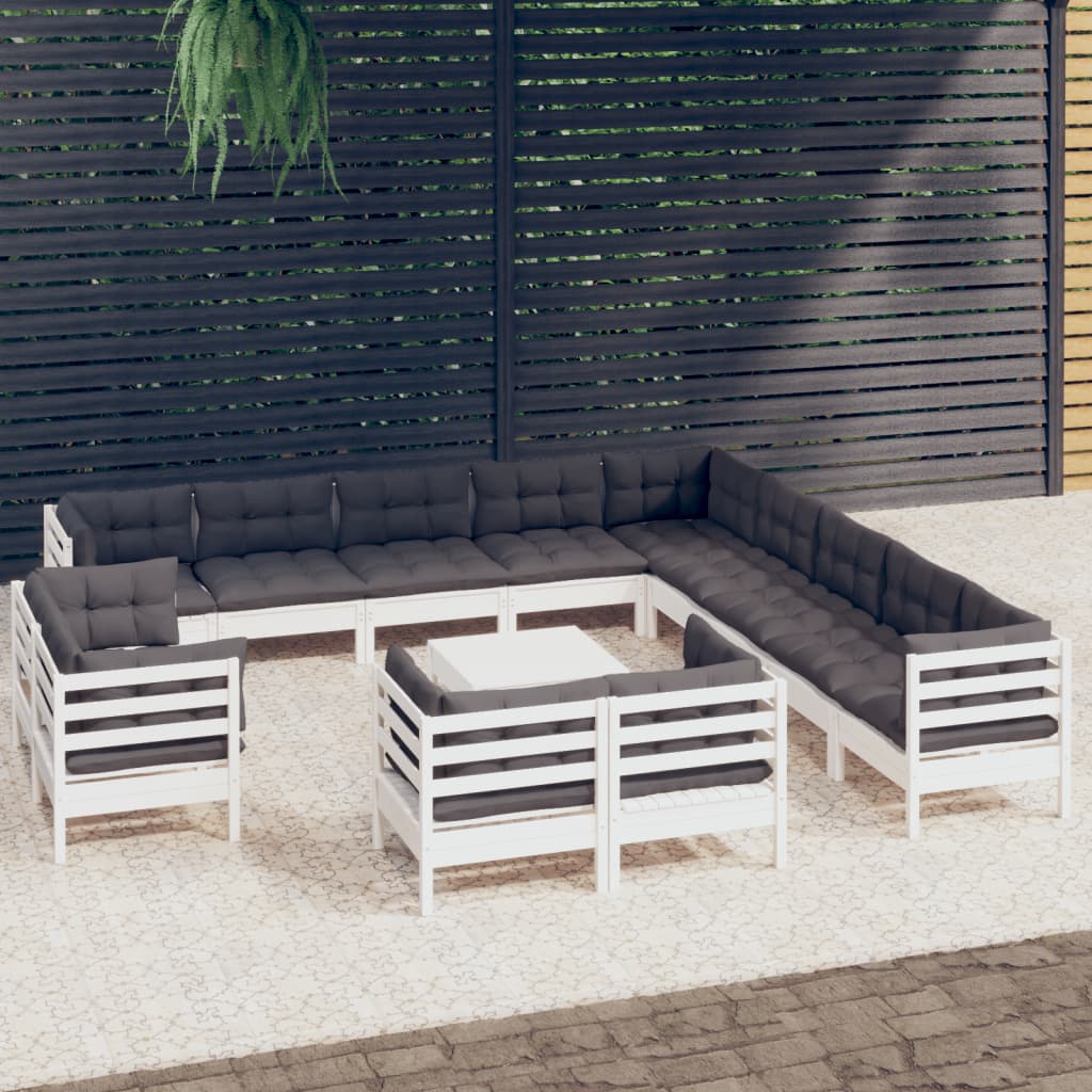 vidaXL Salon de jardin 14 pcs avec coussins Blanc Bois de pin massif