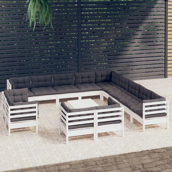 vidaXL Salon de jardin 14 pcs avec coussins Blanc Bois de pin massif