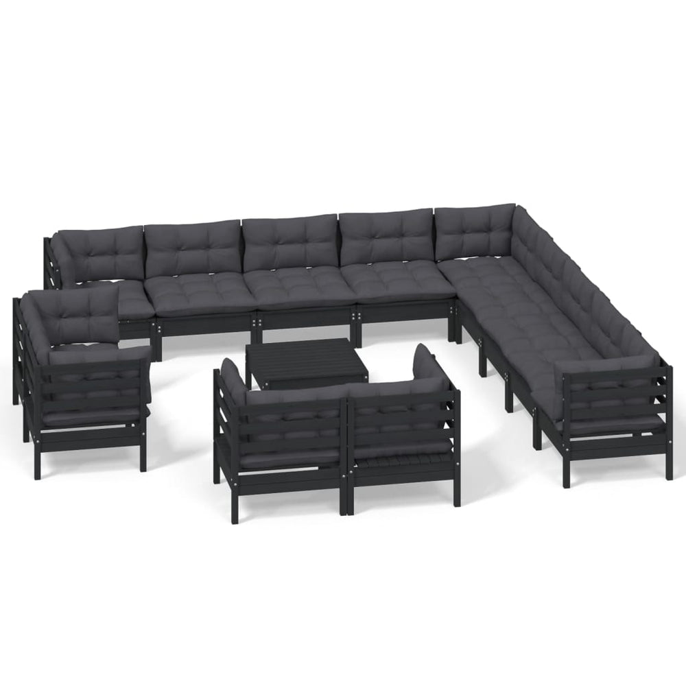 vidaXL Salon de jardin 14 pcs avec coussins Noir Bois de pin massif