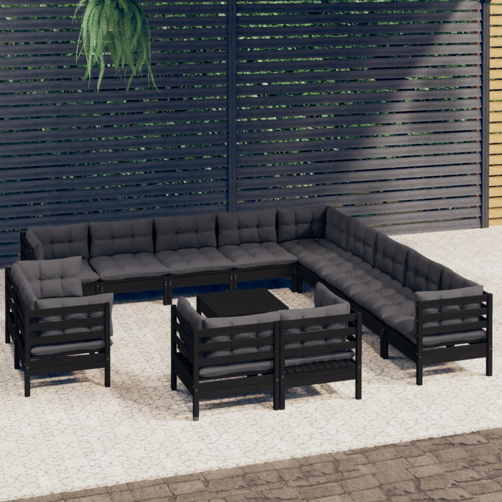 vidaXL Salon de jardin 14 pcs avec coussins Noir Bois de pin massif