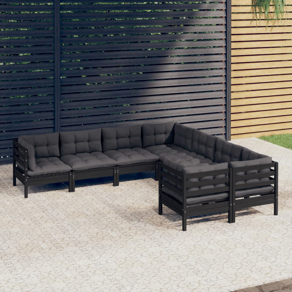 vidaXL Salon de jardin 8 pièces avec coussins Noir Bois de pin massif
