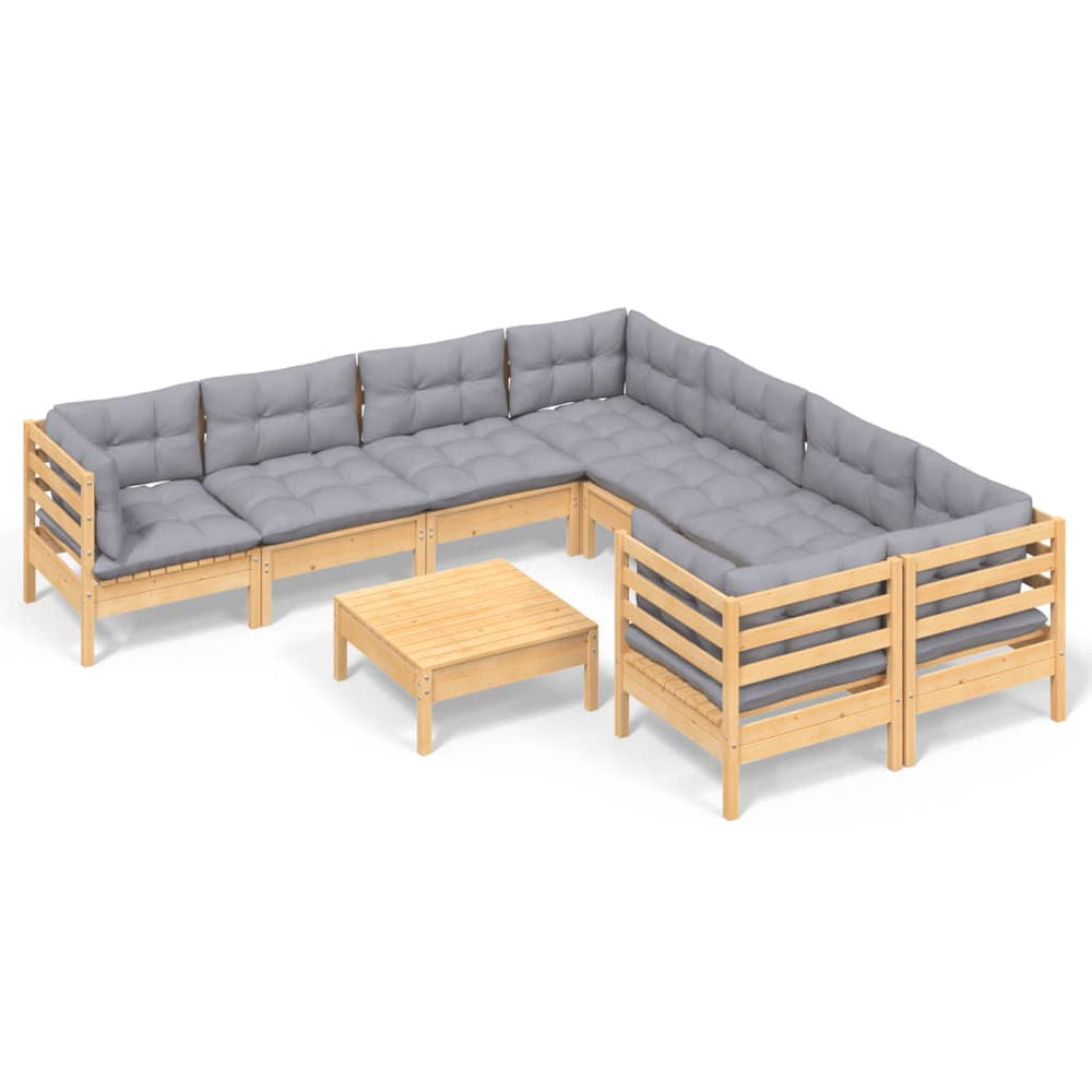 vidaXL Salon de jardin 9 pcs avec coussins gris Bois de pin