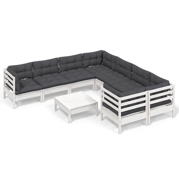 9-tlg. Garten-Lounge-Set mit Kissen Weiß Kiefernholz