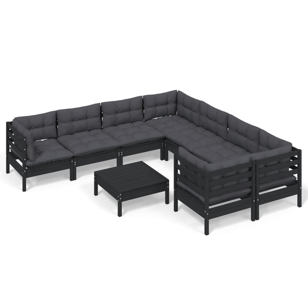 vidaXL Salon de jardin 9 pcs avec coussins Noir Bois de pin