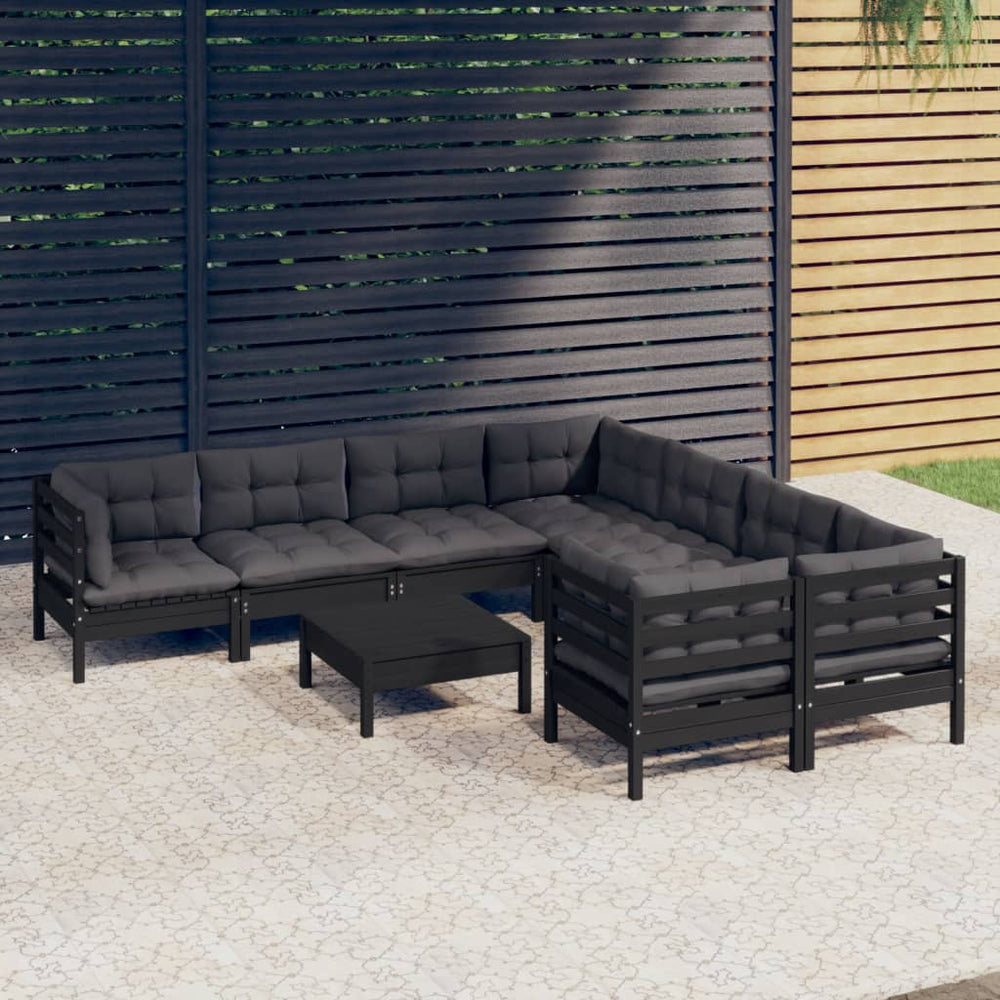 vidaXL Salon de jardin 9 pcs avec coussins Noir Bois de pin