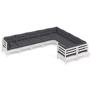 9-tlg. Garten-Lounge-Set mit Kissen Weiß Kiefernholz