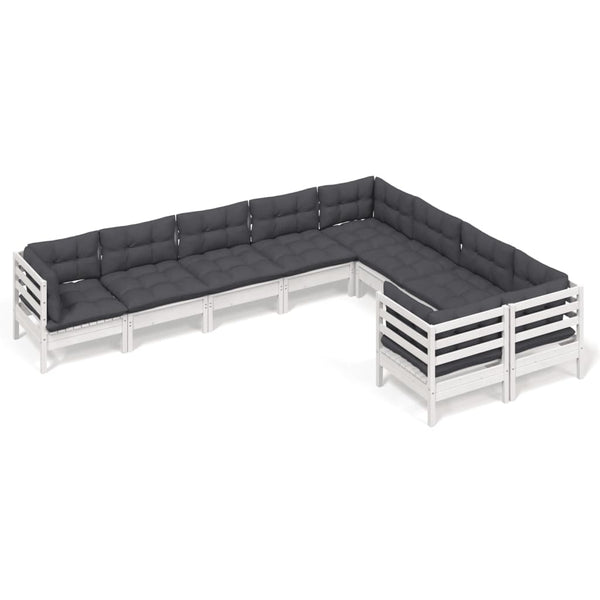 9-tlg. Garten-Lounge-Set mit Kissen Weiß Kiefernholz