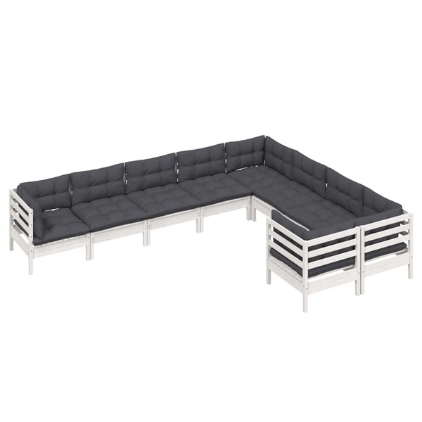 9-tlg. Garten-Lounge-Set mit Kissen Weiß Kiefernholz