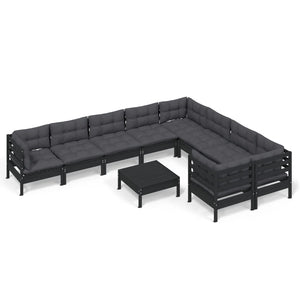 10-tlg. Garten-Lounge-Set mit Kissen Schwarz Kiefernholz