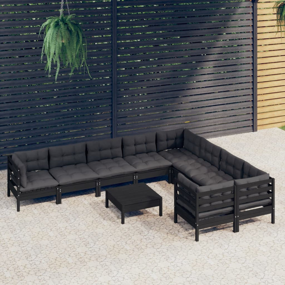 10-tlg. Garten-Lounge-Set mit Kissen Schwarz Kiefernholz