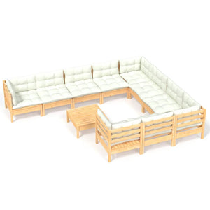 11-tlg. Garten-Lounge-Set mit Creme Kissen Kiefernholz