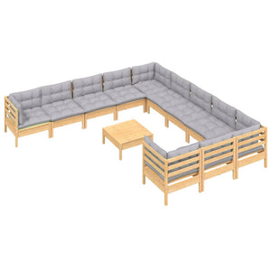 12-tlg. Garten-Lounge-Set mit Grauen Kissen Kiefernholz