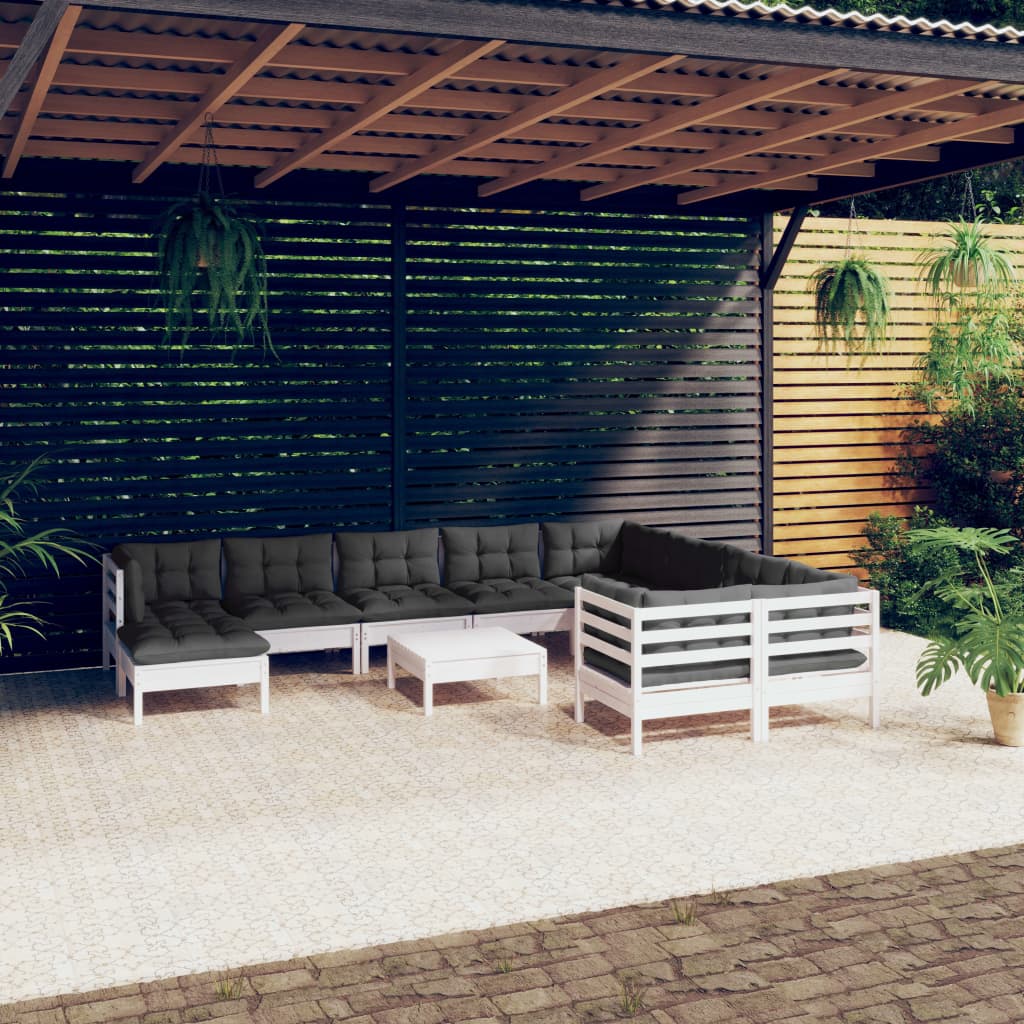 vidaXL Salon de jardin 11 pcs avec coussins Blanc Bois de pin
