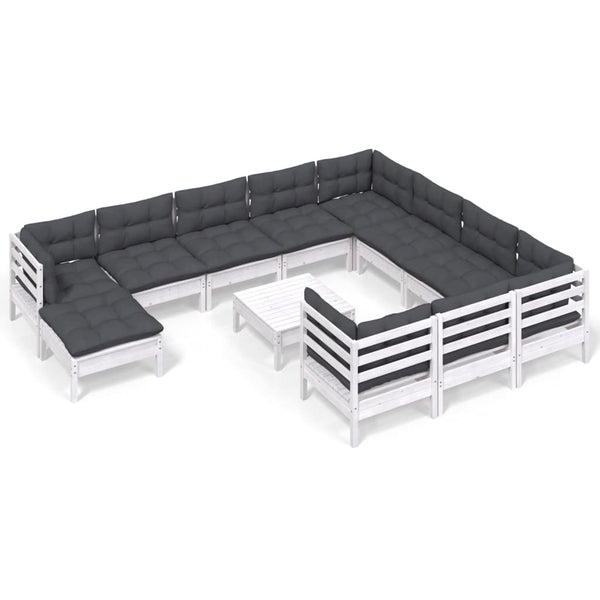 12-tlg. Garten-Lounge-Set mit Kissen Weiß Kiefernholz