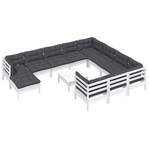 12-tlg. Garten-Lounge-Set mit Kissen Weiß Kiefernholz