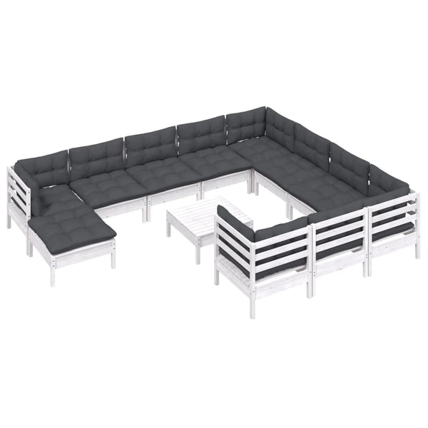 12-tlg. Garten-Lounge-Set mit Kissen Weiß Kiefernholz