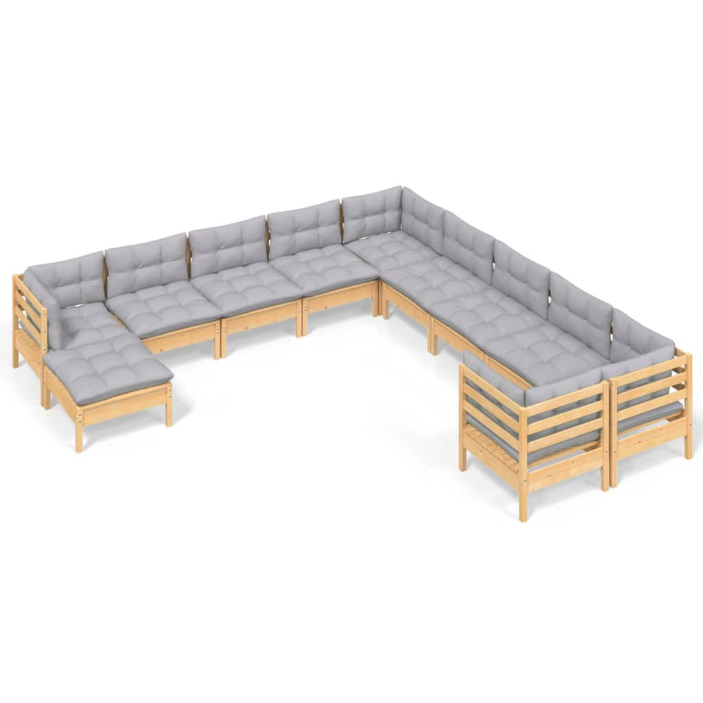 11-tlg. Garten-Lounge-Set mit Grauen Kissen Kiefernholz