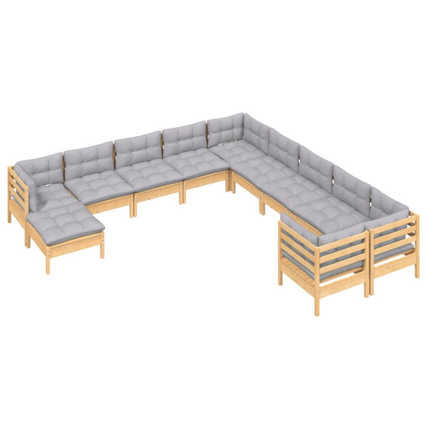11-tlg. Garten-Lounge-Set mit Grauen Kissen Kiefernholz
